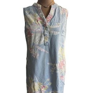 Floral Sleeveless chambray Denim Shift Dress Pockets M coastal cottagecore